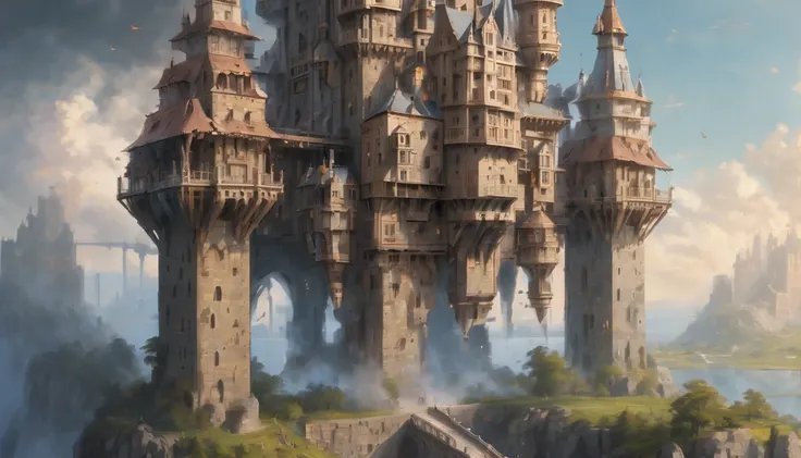 (best quality, masterpiece), a colossal moving mech castle, an engineering marvel that traverses the land with a commanding presence. Its towering walls are fortified with intricate designs, adorned with menacing turrets and battlements. The castle strides...