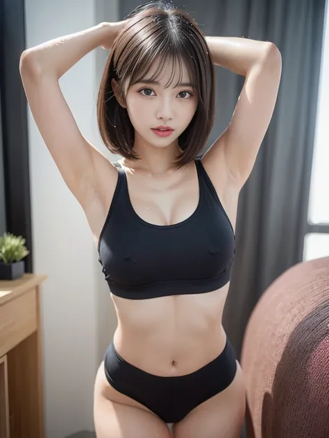 Fitness Girls、cute little、realisitic, 8K, 1girl in, Beautiful toned woman with a mole under her eyes、Medium:1.3、bich、life-like、8K、Wearing fitness wear、Dig into the buttocks、(perspired)、((woman exercising in the living room))、((Wet hair))、(Erotic face)、tone...