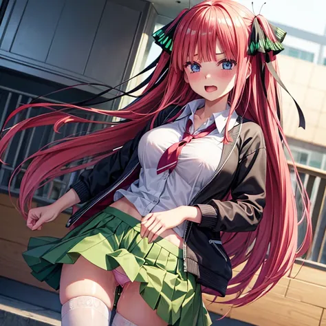 Pink hair、hi-school girl、Butterfly Hair Band、Twin-tailed、(Green skirt)、cardigan、red blush、embarassed face、(white panty)、Blouse with protruding bra、(taking off panty)、stairway、Solo、(Camel hoof)、(pussy juice)、vagina,pussy juice