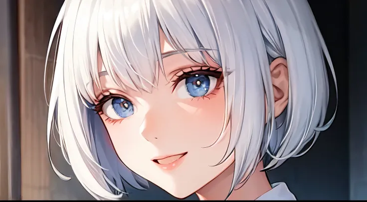 ((best quality)), ((masterpiece)), (detailed), perfect face, happy girl, white hair, short hair