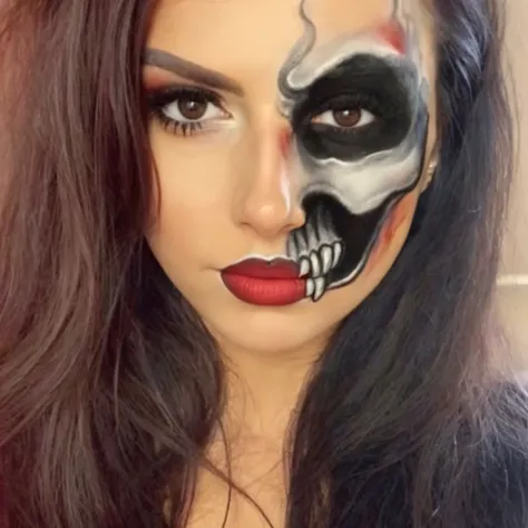 un gros plan d&#39;une femme avec une peinture pour le visage squelette sur son visage, half skull half face, demi-skull face, half woman half skeleton, hairstyle for the visage of the skull, skull face, face skeleton symmetrical face face, visage squelett...