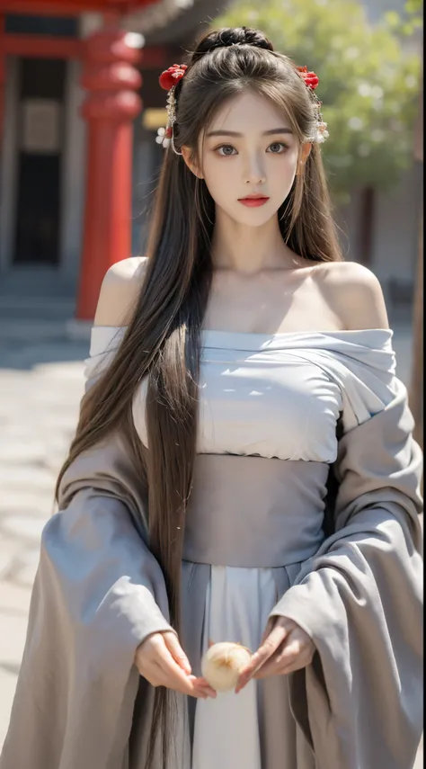 ((Best quality at best, 8K, tmasterpiece:1.3)), focal:1.2,Bust photo，Upper limb 4，ancient wind，Red off-shoulder Hanfu，Ultra-realistic skin texture，Beautiful woman with perfect figure:1.4, hip is cocked:1.2, ((Cut your hair into layers, ordinary:1.2)), , (S...