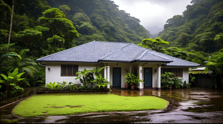 lush small house, costa rica's green rainforest，heavy rain falls on the roof, emphasizing the contrast between the natural envir...