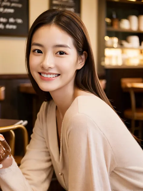 Women with beautiful skin　Being in a café　　Makeup is light　clean　Long-sleeved clothing　　age 30s　Photorealistic skin　I dont know what AI is　Close to human　　Glossy skin　fine texture 　moisturized skin　with round face　Smiling