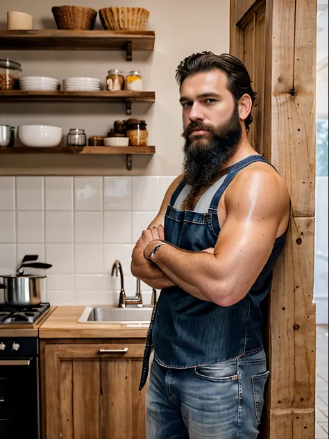 a man with a beard and no shirt on, thick black beard, full beard, thick beard, grizzled beard, neat beard, natural beard, groom...