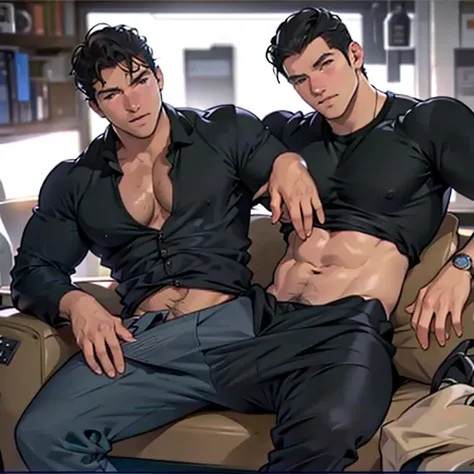 2 hombres, cuerpo completo, vello facial rapado, 2 drunk guys sleeping on the couch, 2 hombres acostados uno al lado del otro, piernas abiertas, solo usar ropa interior, bulto grande, enorme_, mostrando pectorales y abdominales completos, mostrando sexy_Bl...