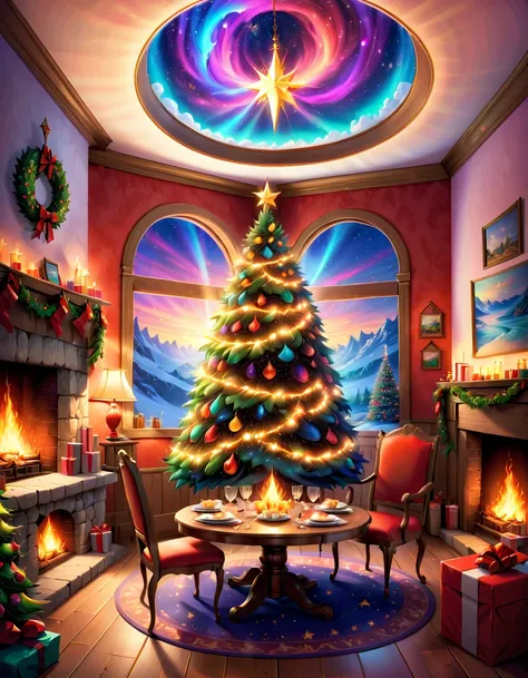 (Best quality, 8K, A high resolution, tmasterpiece:1.2), ultra - detailed, (actual, realistically:1.37), Vibrant colors, Magical atmosphere, Whimsical, ((sky full of stars，The North Star shines))，(((Use an illustration style), The room is decorated with a ...