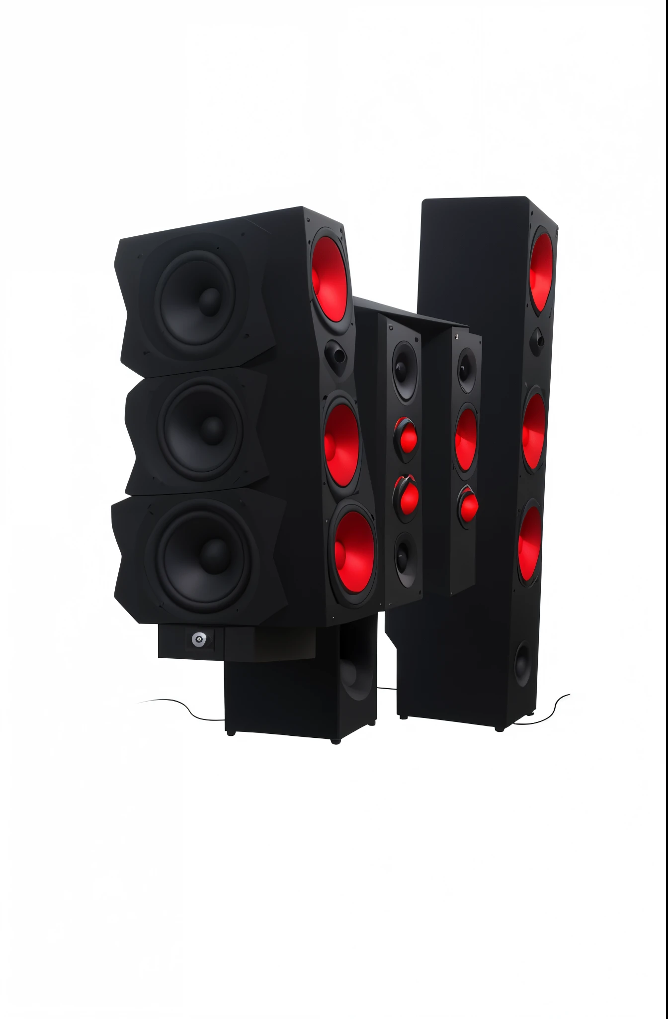 there are three speakers that are sitting on a stand, giant speakers, speakers, huge speakers, stage speakers, many speakers, computer generated, 3 d render of jerma 9 8 5, subwoofer, computer - generated, conceptual, it has six thrusters in the back, blac...