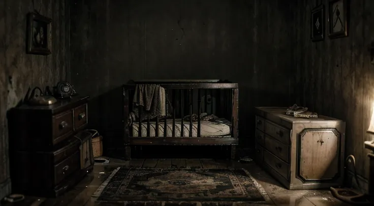 Resident Evil and Alone in the Dark style post-apocalyptic setting, terror ultra realista, quarto com uma tv antiga fora de sintonia, brinquedos quebrados, Anabelle-style dolls and an ancient cursed crib, with a broken baby..