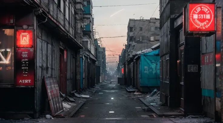 low angle, russianebenya, old panel houses, street, neon lights, cyberpunk, dark evening, movie still, 80mm lens, masterpiece, best quality, (film grain:1.1), ultra high res, RAW