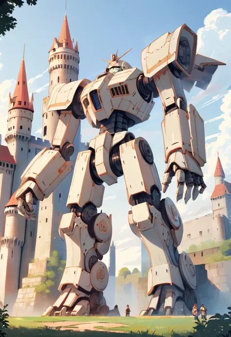 (best quality, masterpiece), a colossal moving mech castle, an engineering marvel that traverses the land with a commanding presence. Its towering walls are fortified with intricate designs, adorned with menacing turrets and battlements. The castle strides...