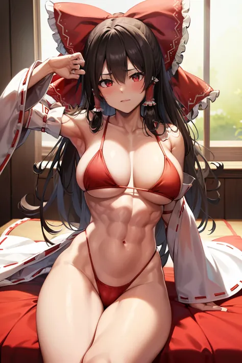 (reimu hakurei)、hair tubes、Hair Ribbon、Brown-eyed、Beautuful Women、(musculature、abdominals)、red blush、a bed