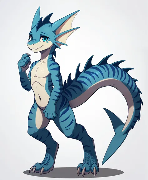 highest quality, solo, 1female (shark:.7|kobold:.8), nude, ear_fins, (tail_fluke|tail_fin), (short_tail:1), scales, (shark_teeth:.5), stripes, sfw