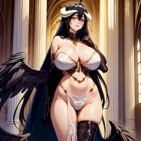 (Albedo, Overlord) Impeccable Beauty, lustrous jet-black hair and the face of a goddess, She has golden irises and vertically split pupils; on her left and right temples are two thick horns protruding crookedly, and on her waist are a pair of black angel w...