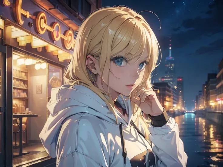 (best quality,highres,realistic:1.37),a woman overlooking the city,blonde woman,doughnut-shaped hair,loose strand of hair,huddled in a hoodie,late at night,night city,fantasy,ethereal