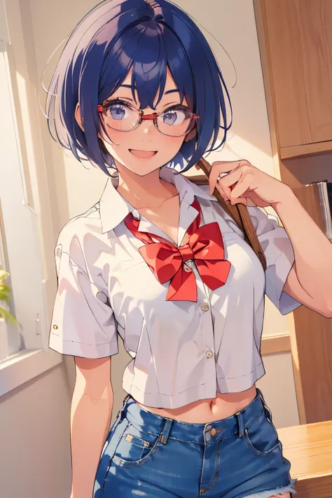 michirutojo, white shirt, collared shirt, short sleeves, looking at viewer, denim shorts, glasses, smile, wink, open mouth, blush