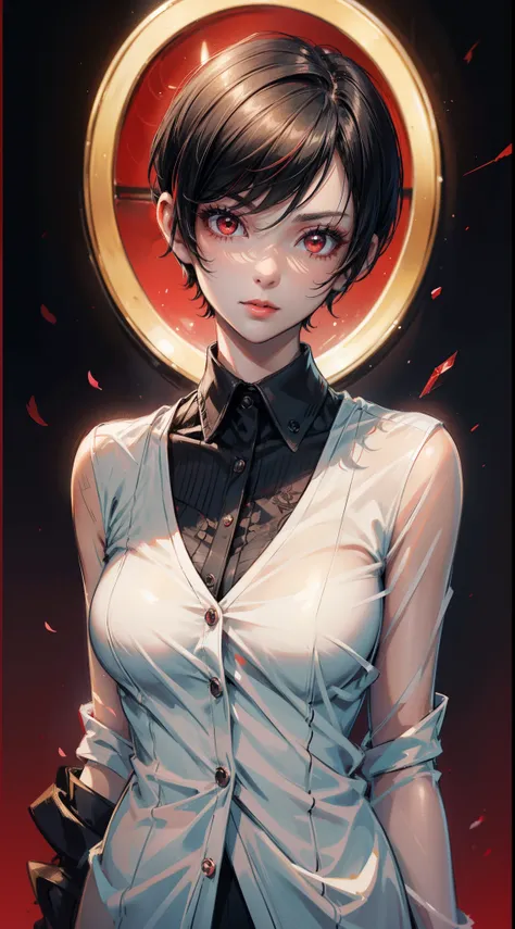 {8k image}, 1girl (solo), beautiful woman, 23 years old, black short hair (pixie cut), red eyes, red lipstick, wearing a formal shirt, looking at the viewer with a sexy expression, facing te camera, {face portrait}, {centered image}, no background