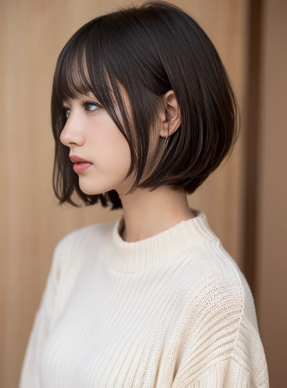 White knitted sweater、a short bob