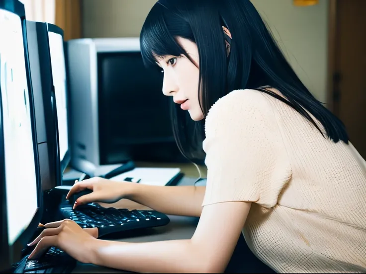 a japanese girl　30-years old　Black hair　while using a computer「Why don&#39;t you hurry up?？」Saying