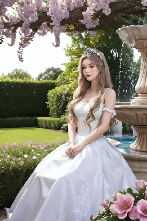 long whitr hair，diadems，wave，Princess dress，long  skirt，In the garden，The fountain，Lots of flowers