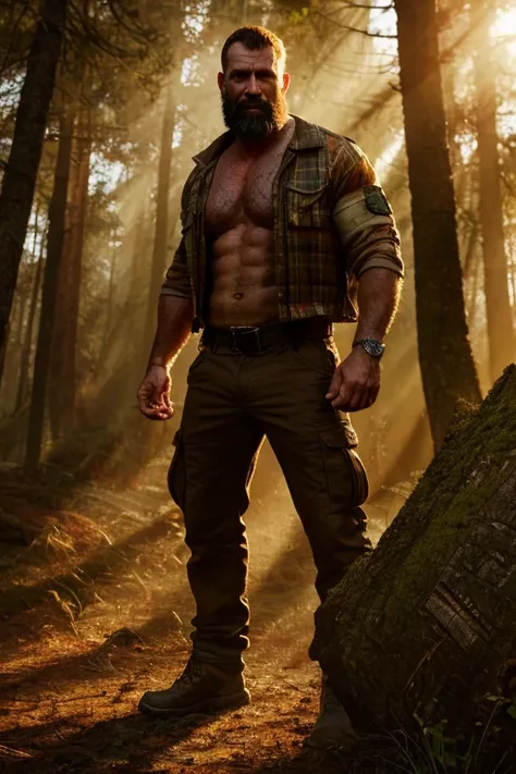 (realistic, high-res),male,brown hair,40 years old,beard, hairy, lumberjacks, pumped chest, full body, cargo pants, oil painting, intense expression, dark background, dramatic lighting, masculine features, open eyes, realistic eyes, forest, nature, sunligh...