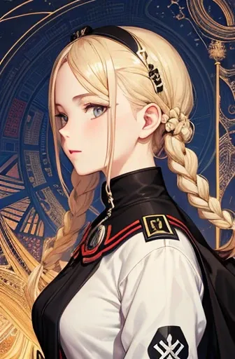 (masterpiece, top quality, best quality, official art, beautiful and aesthetic:1.2), (1girl:1.3), (fractal art:1.3), third reich nazi, ss officer ww2, blond hair, braids,