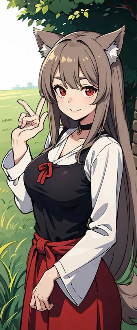 tmasterpiece,Best quality, 1 sister, Alone, light  smile, light  smile, underdressing, The sun is mottled, large bust, Grass animal ears,Wolf ears,Long gray hair, end, Wolf tail, red eyes, Wolf Girl,Brown hair,,