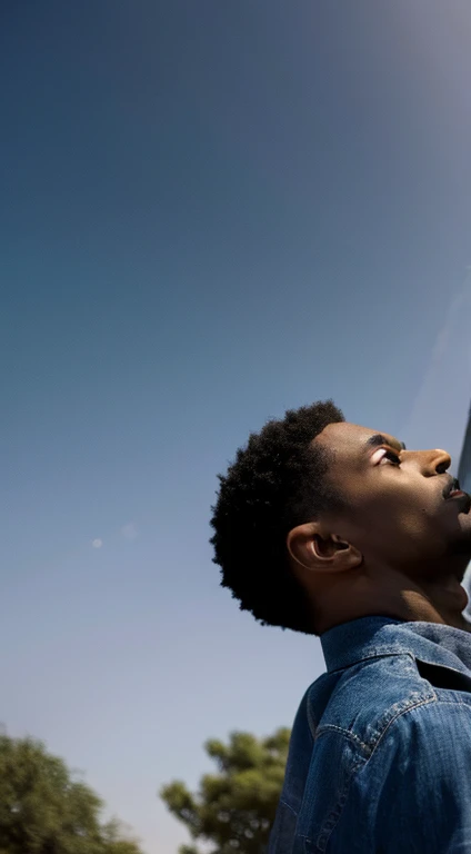 Rear view of a black man looking up at the sky on dry land