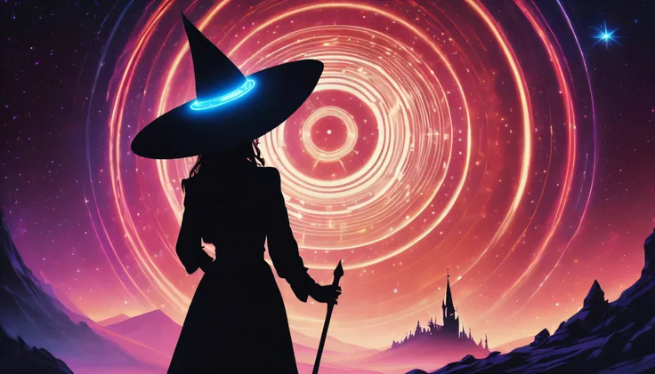 (Silhouette witch in witch hat and robe, Hold a futuristic cane standing in the center。:1.2), richly colored, (A land of pure snow and stars:1.3), Science Frontier neon glow crazy space dome, Futuristic church with medieval atmosphere, time vortex door, sp...