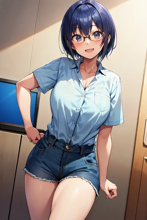 michirutojo, looking at viewer,
blue hair, large breasts,
glasses,
white shirt, collared shirt, short sleeves, denim shorts,
win...