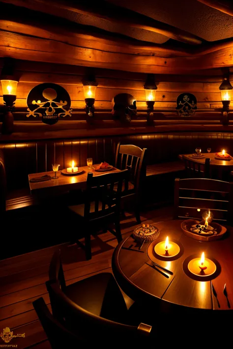 pirate cave interior, restaurant, realistic, 8k, interior theme park, candle, skulls, horror, food, alcool, view full restaurant