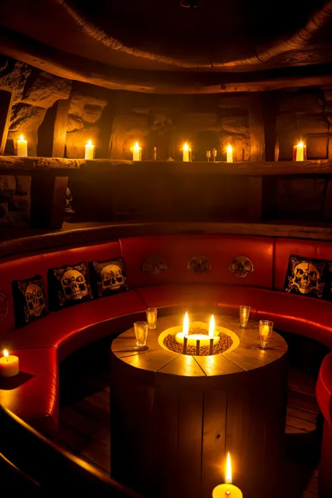 pirate cave interior, restaurant, realistic, 8k, interior theme park, candle, skulls, horror, food, alcool, view full restaurant