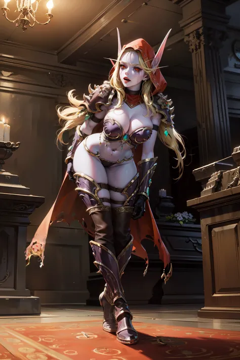 photorealism:1.4, masterpiece, best quality, highres:1.2, red eyes, blonde hair, sylvanas windrunner, 1girl, solo, elf, bikini armor, navel, navel piercing, pointy ears, hood, undead, glowing eyes, large breasts, blue skin, cleavage, quiver, boots, shoulde...