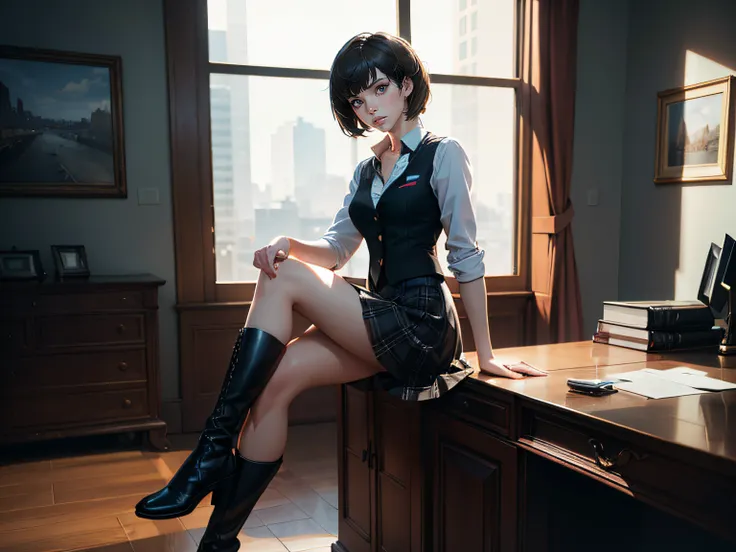 Full body image, Persona 5 Makoto Niijima, Very very short black hair (short hair 1.6), narrow face, Narrow Eyes, Double eyelids, Wearing a plaid skirt, black stockings, white polo shirt, vest, light brown boots, Looking at Viewer, (Detailed Face), sitting...