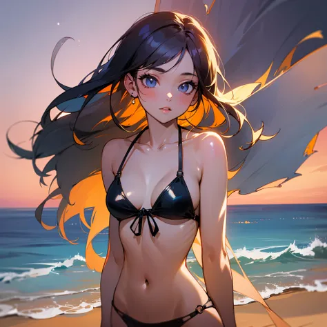 A mesmerizing girl with a bikini, standing on a golden beach during sunset. The warm hues of the sky reflect on the calm sea, creating a serene and magical atmosphere. The girls silhouette is highlighted against the backdrop of the setting sun, casting a s...