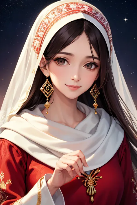 Woman, age 40, wearing a headscarf Sparkling brown eyes Beautiful details have a perfect face Wear a red Arab dress with a beautiful pattern, a smile, and bright illustrations. The details of the picture are clear. High quality, 4k level, the picture is co...