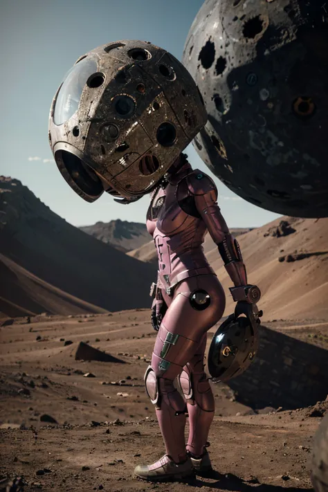 A Modern flat toon Crazy whit a Big ONE a Only Eye Robot and helmet Style, tongs in hands, Tv head, pinhead, camouflage PINK Rusty, Ambient in a meteorite crater super detailed, center, beautiful, soft lighting, focused on the character, 4K resolution, pho...