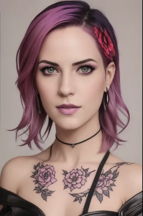 a close up of a woman with a tattoo on her chest, purple hair portrait of woman, inspired by anne stokes, in the style of Anne Stokes, retrato colorido detalhado, Inspired by Rose Enriquez, cute girl with short pink hair, Cyberpunk style ， hyper realisitic...