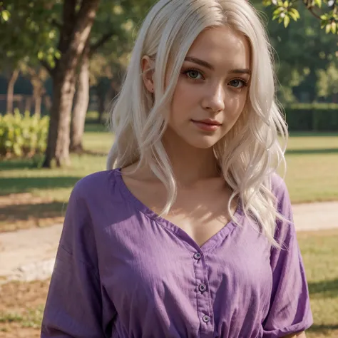 Top Quality, Photorealistic, 8K, High Definition, 1 girl with long white hair in a purple outfit, brown eyes,