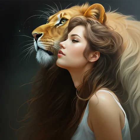 peinture d&#39;a woman with a lion on her face, gorgeous digital painting, stunning digital painting, beautiful digital artwork, beautiful digital painting, Digital art oil painting, Bel art UHD 4 K, exquisite digital illustration, gorgeous digital art, Be...