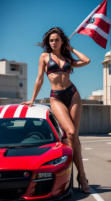 Racer woman，Stand on the roof of the car holding a five-star red flag