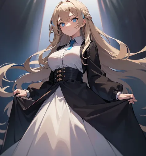 masterpiece, highres, extremely detailed face, ((1 girl)), black and beige ((streaked hair)),highlights hair,((blue eyes)),(empty eyes),long hair, white lt-shirt,black cardigan,long skirt,large breasts, standing,white background, (solo),full body