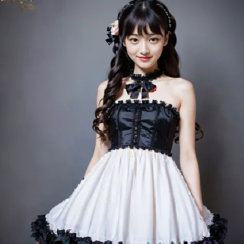 1 nogizaka girl, Extremely cute, a beauty girl, sixteen years old, Gothic Lolita Fashion, Delicate and delicate beautiful face、Eyes and skin, detailed black shine hair, elegant frills, frilled tie, Ribbon Ties, Rose hair ornament, Smile at the camera, full...