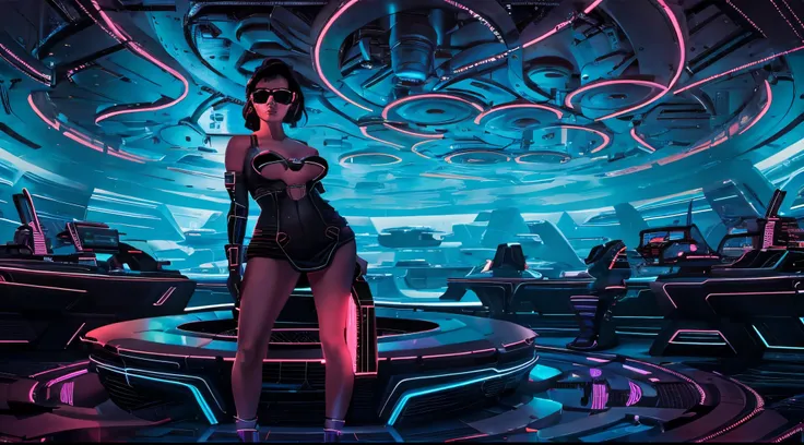 at night, 1girl, solo, a beautiful hotsexy large-breasted slim woman, black hair, black sunglasses, mini skirt, standing pose, looking screen, blurry futuristic sci-fi scence as background, neon paintings, half-body thigh level medium shot