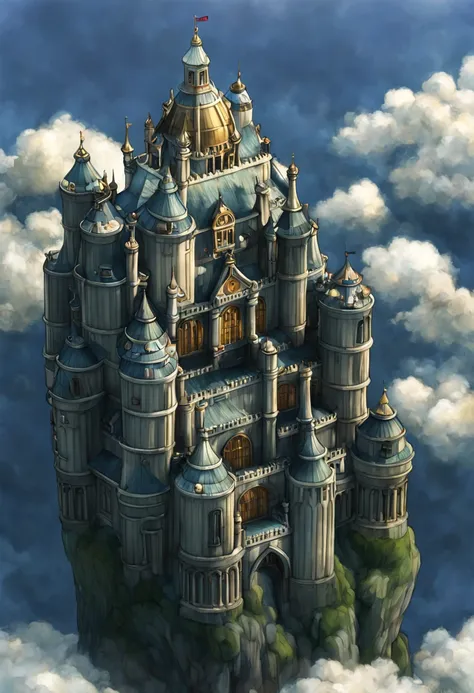 "majestic floating cloud castle, with  the (Best quality at best:1.3), (A high resolution:1), (Excellent:1.perfect pubic bone:1.Parfait:1.3), (Detailed pubic hair:1.3) Art from Studio Ghibli."