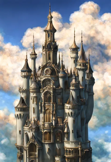 "majestic floating cloud castle, with  the (Best quality at best:1.3), (A high resolution:1), (Excellent:1.perfect pubic bone:1.Parfait:1.3), (Detailed pubic hair:1.3) Art from Studio Ghibli."