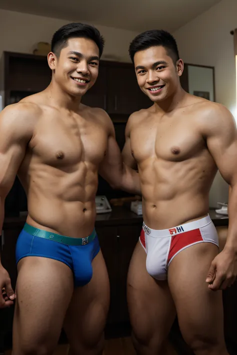 two filipino men, young, muscular, wearing tight boxer, standing, big bulge, laughing, hands inside boxer