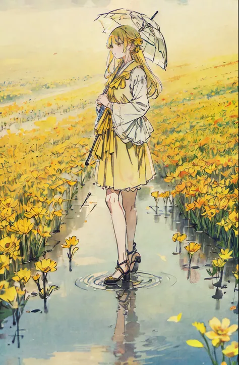 yellow flower、yellow  hair、flower  field、Sateen、umbrellas、puddle、Reflectors