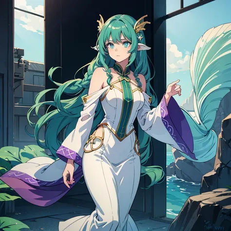 ( detailed face) mermaid Single female with legs. Fish fin ears(Dark green) wavy hair( braided ). Standing up (facing forward).  Blue eyes. White purple clothes. Shell hair ornaments