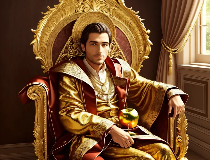 a man was sitting on a gold chair with holding a gold apple in his hands --auto --s2